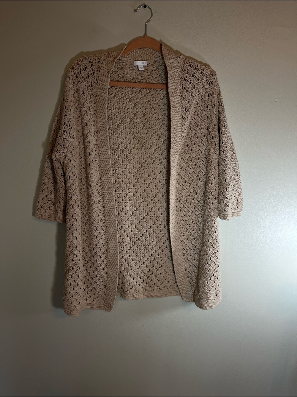 J. Jill Beige Open Weave Crochet Knit Open Front Cardigan Sweater M 100% Cotton